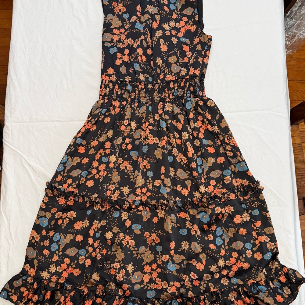 THML Black Midi Dress with Coral, Blue & Brown Floral Print